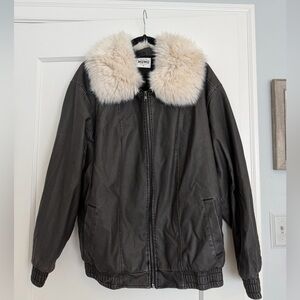Women's Faux Leather Jacket with Cream Fur Collar